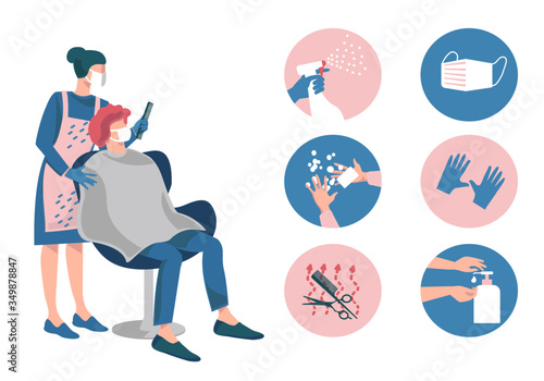 Hair salon during a Coronavirus.Female hairdresser with customer in protective mask and gloves.Protective measures-disinfect, wash hands, wear mask, use sanitiser, sterilisation of tools. New normal.