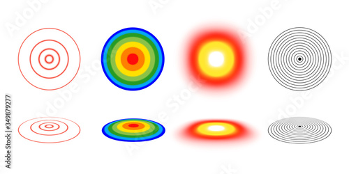 Epicenter icons set isolated on white, concentric or radial simple signs showing how radio signal, noise, infection epidemic, bomb blast or energy of an earthquake spreads from the start point