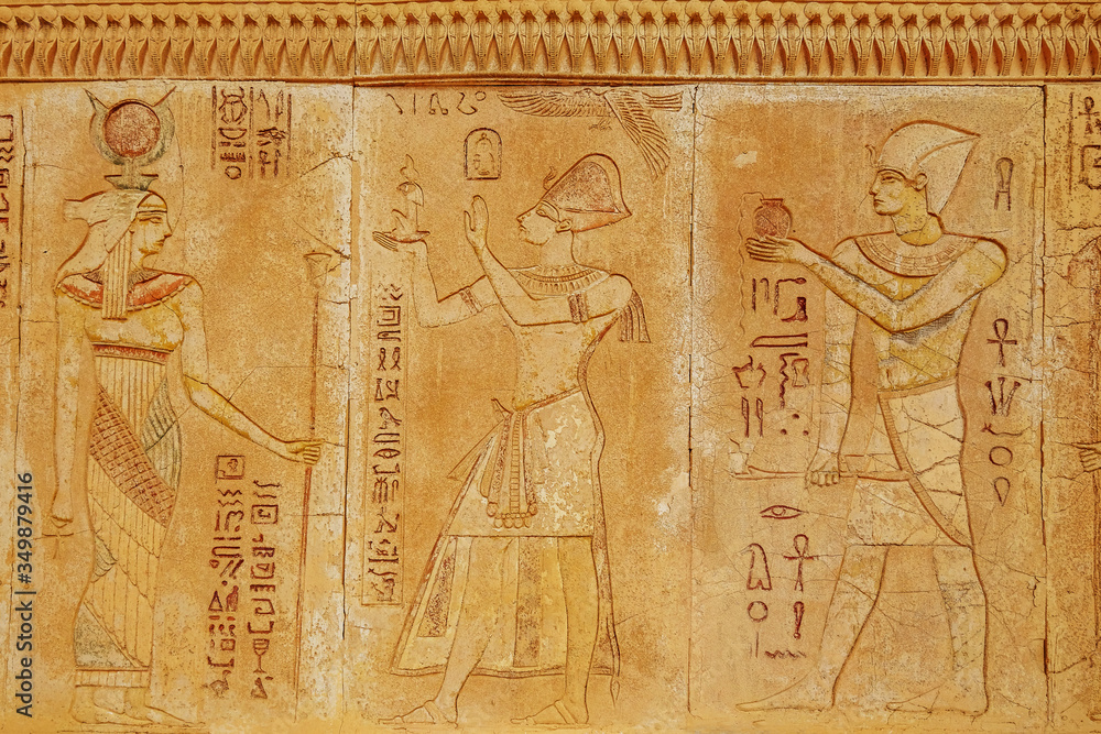 Egyptian hieroglyphs on the wall. Ancient Egypt scene, mythology. Stock ...