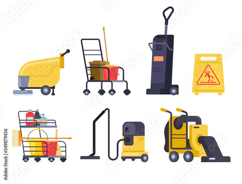Cleaning equipment machine isolated set. Vector flat graphic design cartoon illustration