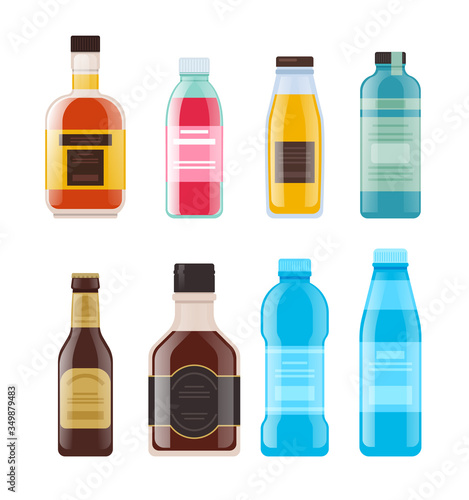Alcohol, water, juice bottle isolated set. Vector flat graphic design cartoon illustration