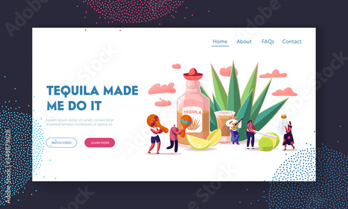 People Drinking Tequila Landing Page Template. Tiny Characters with Maracas, Salt and Lime at Huge Bottle and Agave Azul Plant. Mexican Culture Tourism, Latin Landmark. Cartoon Vector Illustration
