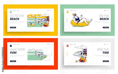 Pool Party Dance, Swim, Drink Landing Page Template Set. Characters. People in Swimming Pool with Parasols and Bar Have Fun Drinking Cocktails Eating Ice Cream. Linear People Vector Illustration