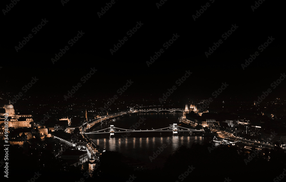 Budapest, Hungary, 09/05/2019. Panorama of Budapest at night. Sights of Hungary: Chain Bridge, Parliament and Danube River in Budapest.