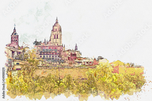 Watercolor drawing picture of Alcazar de Segovia famous landmark at Spain. photo