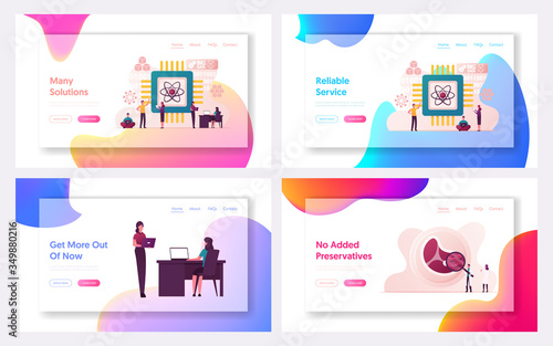 Quantum Computing Landing Page Template Set. Optical Technology, Photonics Research. Tiny Characters Engineers and Scientists Working with Quantum Computer Chip. Cartoon People Vector Illustration