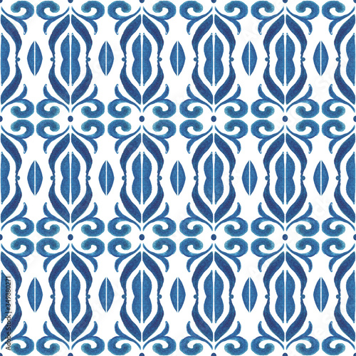 Hand drawn seamless pattern in gzhel style. Ethnic fabric. Hand made texture background. Blue abstract elements. Can be used for banner, card, poster, invitation, textile, wallpapers, ceramics etc. photo