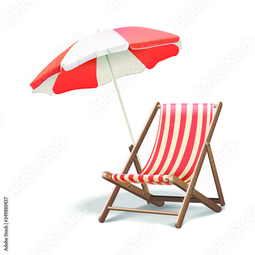 Stampa su tela 3d realistic vector vacation icon beach sunbed with umbrella, wooden deck chair