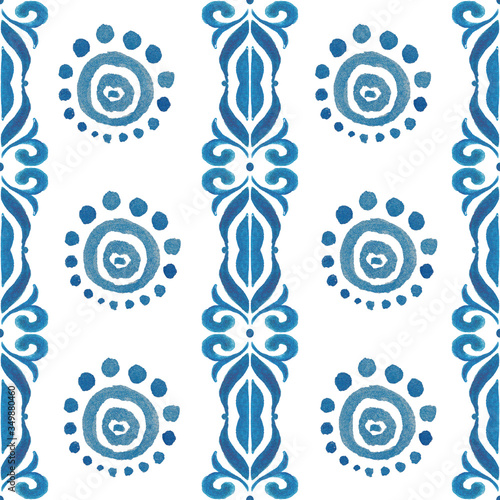 Hand drawn seamless pattern in gzhel style. Ethnic fabric. Hand made texture background. Blue abstract elements. Can be used for banner, card, poster, invitation, textile wallpapers, ceramics etc. photo