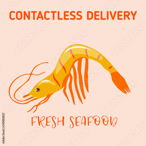Contactless delivery concept. Fresh seafood delivery. Shrimp Image isolated. 