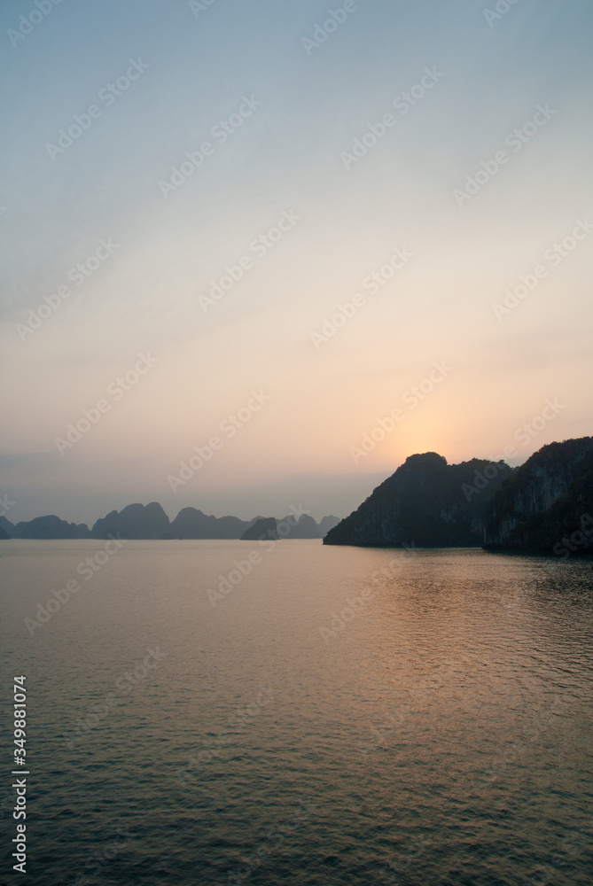 Low light, sunset over Halong bay, Vietnam 