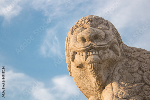 statue, lion, sculpture, stone, ancient, sky, art, architecture, old, asia, blue, white, culture, history, tourism, travel, animal, asian, building, famous, historic, korea, korean, landmark, oriental