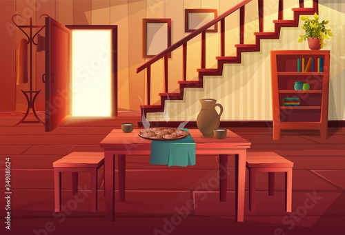 Vector cartoon style illustration of house interior. Entrance open door with stairs and rustic vintage furniture and wooden floor. Dining table with hot meal on it.