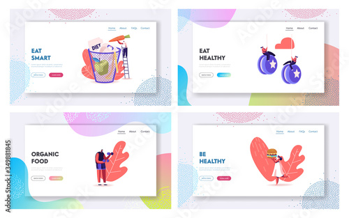 Diet Failure Landing Page Template Set. Characters Enjoying Unhealthy Junk Food. People Refuse Healthy Lifestyle Meals Prefer Eating Fat Food Throw Healthy Meal to Basket. Cartoon Vector Illustration © Sergii Pavlovskyi
