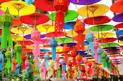 Thai multi color handicraft weaving,paper lantern,paper umbrella for decorate in religious place.