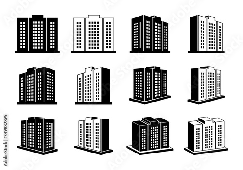 Company icons set on white background, Building perspective vector collection, 3D hotel condo and apartment illustration, Black line isometric graphic bank and office silhouette