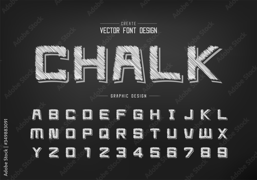Pencil font and cartoon alphabet vector, Sketch square typeface letter and number design, Graphic text on background