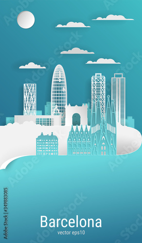 Paper cut style Barcelona city, white color paper, vector stock illustration. Cityscape with all famous buildings. Skyline Barcelona vertical city composition for design.