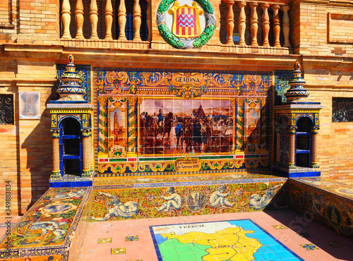 Gerona ceramic bench in The Plaza de España (Spain Square) in Seville, Spain. There are one bench decorated with ceramic tiles for each province of Spain.
 photo