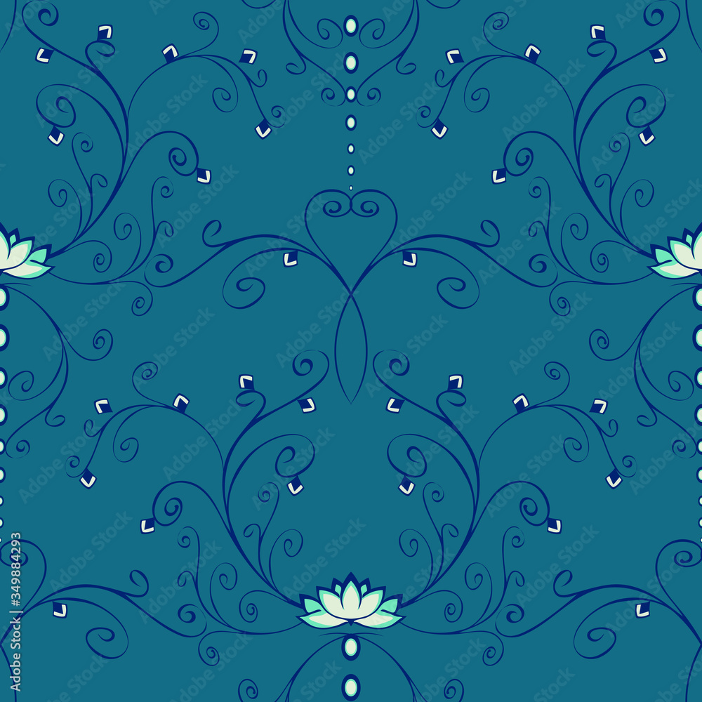 Seamless vector pattern with lotus flower on blue background. Romantic water lily wallpaper design. Royal Victorian style fabric fashion. Seamless vector pattern with lotus flower on blue background. Romantic water lily wallpaper design. Royal Victorian style fabric fashion.