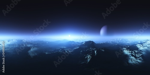 Fototapeta Naklejka Na Ścianę i Meble -  Beautiful alien view of the planet’s surface, HDRI, environment map , Round panorama, spherical panorama, equidistant projection, 360 high resolution panorama