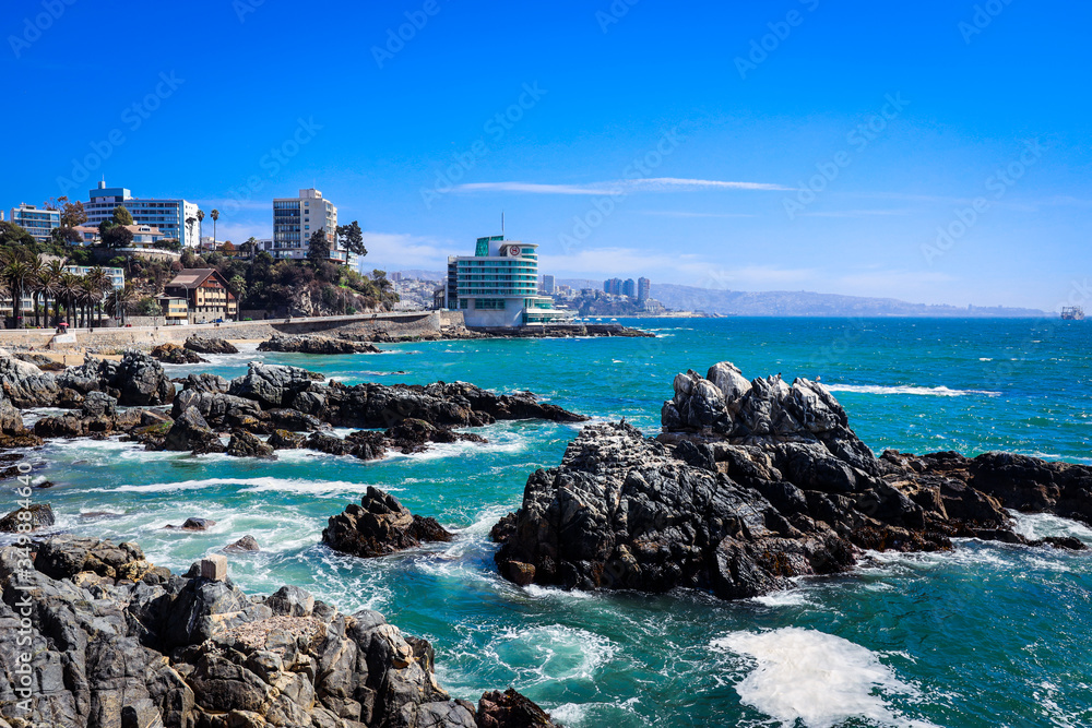 Vina Del Mar, Chile - March 09, 2020:  Luxury Hotels and Resorts on the Beautiful Pacific Ocean Coastline