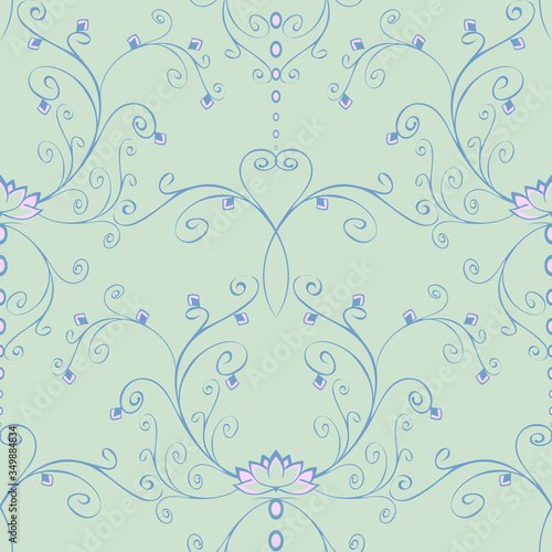 Seamless vector pattern with lotus flower on blue background. Beautiful calm floral wallpaper design. Curved lines fabric fashion texture.
