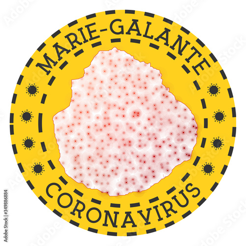 Round badge with shape of Marie-Galante. Yellow island lockdown emblem with title and virus signs. Vector illustration.