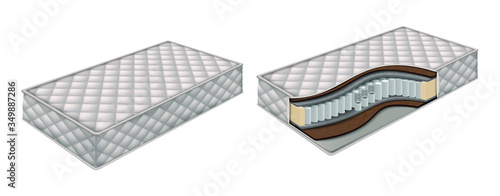3d realistic vector orthopedic mattress and mattress structure cut out with layers view. Isolated vector illustration.