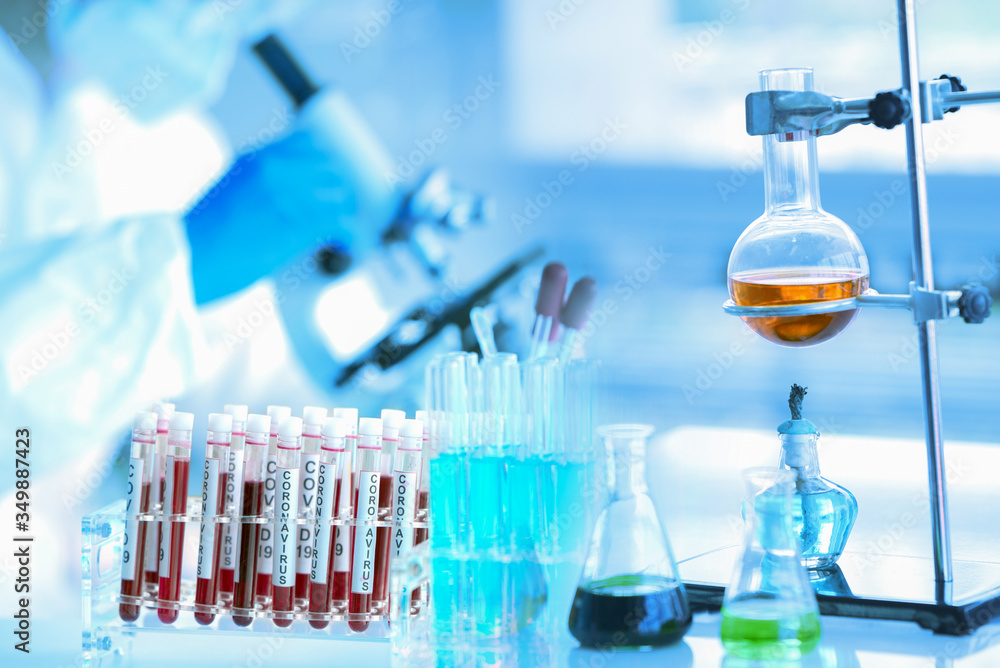 Image LAB  of Coronavirus covid-19 sample test with microscope by biochemical  and  blood sample test in pharmaceutical research laboratory for vaccine  to protect coronavirus covidLaboratory research