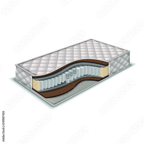 3d realistic vector orthopedic mattress and mattress structure cut out with layers view. Isolated vector illustration.