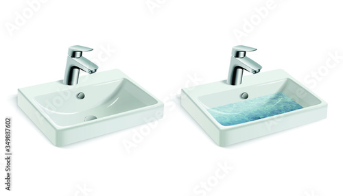 3d realistic vector illustration of porcelain white washing sink and water tap, with and without water.