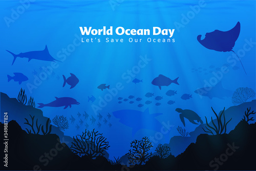 Let's save our oceans. World oceans day design with underwater ocean, dolphin, shark, coral, sea plants, stingray and turtle. © Doharma