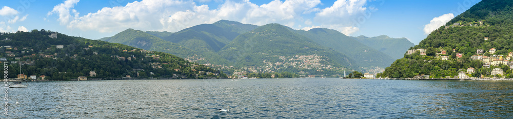 Panoramic view of Lake Como and surrounding mountains.