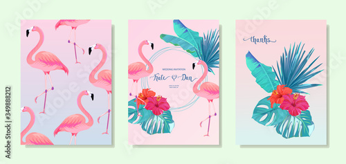 Tropical summer set with flamingos, palm leaves and hibiscus. For greting cards, party, poster, birthday, wedding. Summer jungle background. Vector illustration