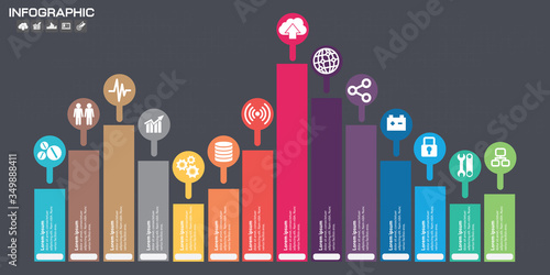 Timeline Infographic chart with many color. Vector design template. 14 options.