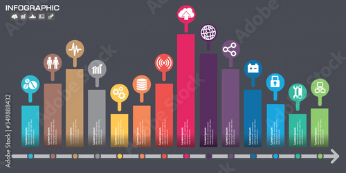 Timeline Infographic chart with many color. Vector design template. 14 options.