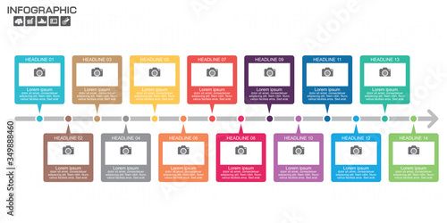 Timeline Infographic chart with many color. Vector design template. 14 options.