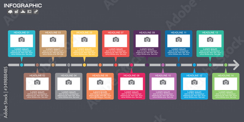 Timeline Infographic chart with many color. Vector design template. 14 options.