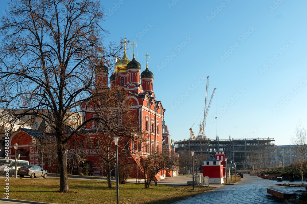 MOSCOW, RUSSIA - FEBRUARY 22, 2020: Cathedral of the Icon of the Mother of God a sign of the former Znamensky Monastery on Varvarka street in Moscow in the rays of the morning sun