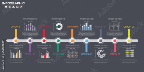 Horionztal timeline infographics template with dates, icons and text, vector eps10 illustration