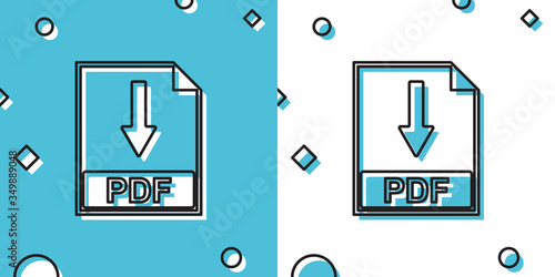 Black PDF file document icon isolated on blue and white background. Download PDF button sign. Random dynamic shapes. Vector Illustration
