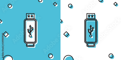 Black USB flash drive icon isolated on blue and white background. Random dynamic shapes. Vector Illustration