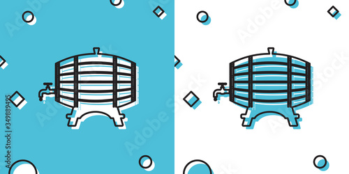 Black Wooden barrel on rack with stopcock icon isolated on blue and white background. Random dynamic shapes. Vector Illustration