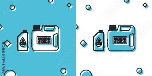 Black Plastic canister for motor machine oil icon isolated on blue and white background. Oil gallon. Oil change service and repair. Engine oil sign. Random dynamic shapes. Vector Illustration