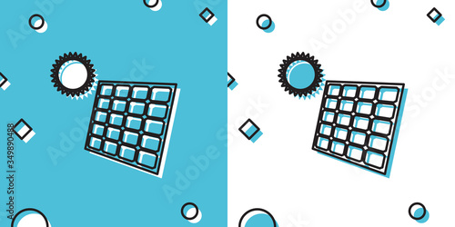 Black Solar energy panel and sun icon isolated on blue and white background. Random dynamic shapes. Vector Illustration