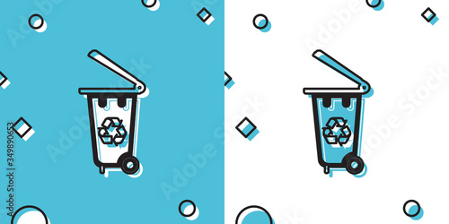 Black Recycle bin with recycle symbol icon isolated on blue and white background. Trash can icon. Garbage bin sign. Recycle basket icon. Random dynamic shapes. Vector Illustration