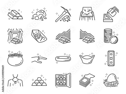 Gold line icon set. Included icons as golden, mine, gold bar, price, asset, wealth and more.