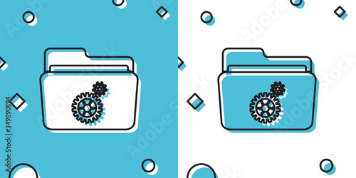 Black Folder settings with gears icon on blue and white background. Concept of software update, transfer protocol, teamwork tool management, copy process. Random dynamic shapes. Vector Illustration