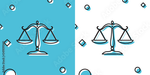 Black Scales of justice icon isolated on blue and white background. Court of law symbol. Balance scale sign. Random dynamic shapes. Vector Illustration